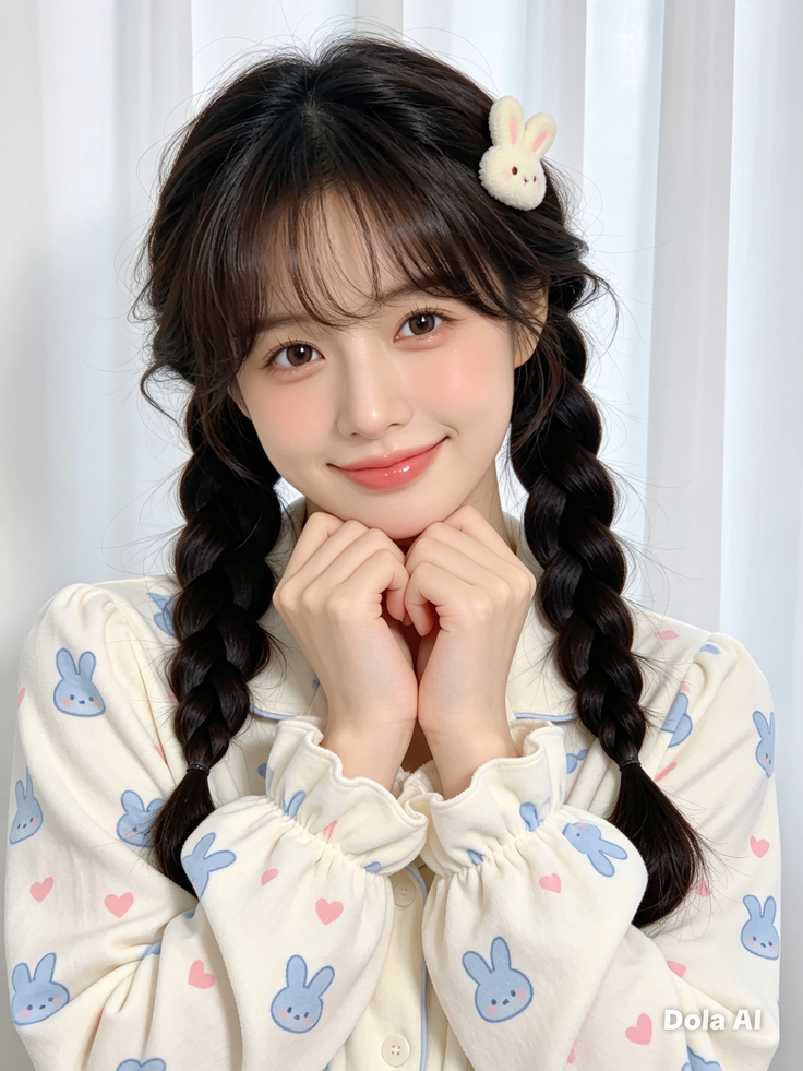 Woman with braided hair and a rabbit clip wearing pajamas with bunny print