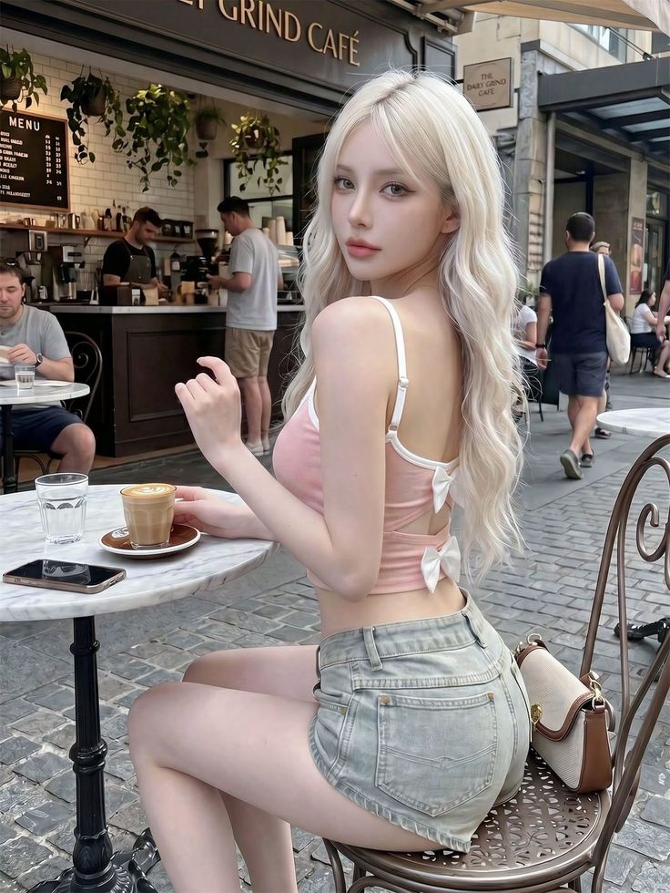 Woman with long blonde hair in a crop top and denim shorts at an outdoor cafe