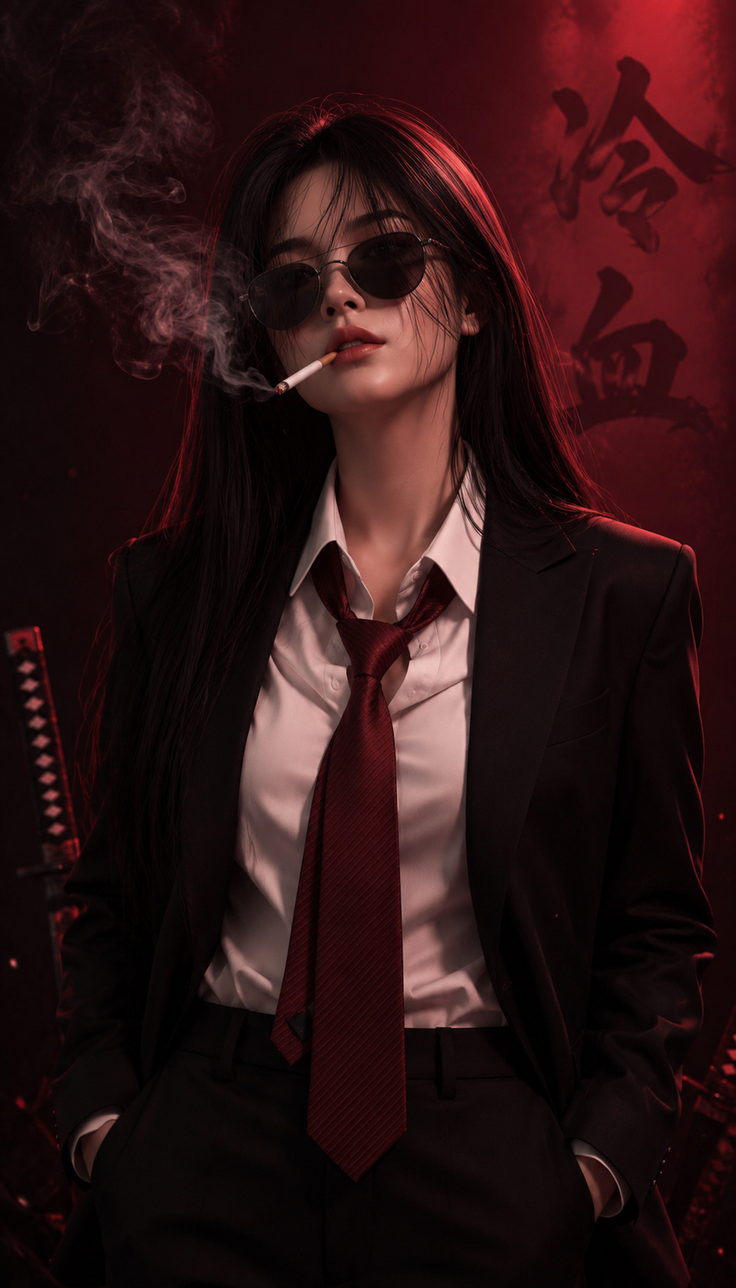 Woman in a suit and sunglasses smoking a cigarette with red dramatic lighting