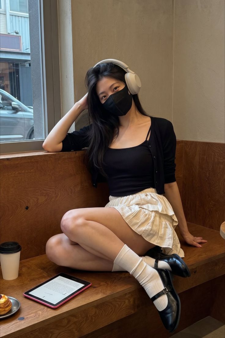 Woman with long hair and a black mask sitting in a cafe with headphones