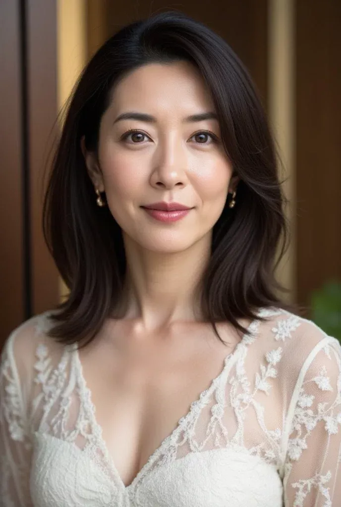 Woman with short dark hair wearing a white lace dress and earrings