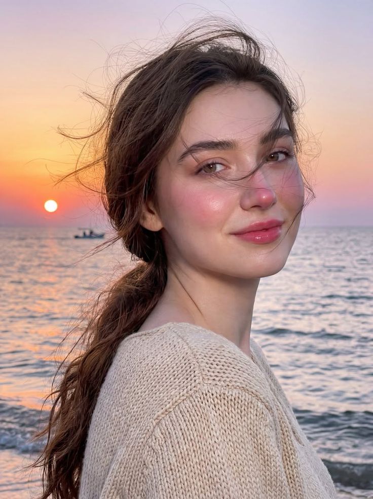Woman with long hair on a beach at sunset, looking at the camera