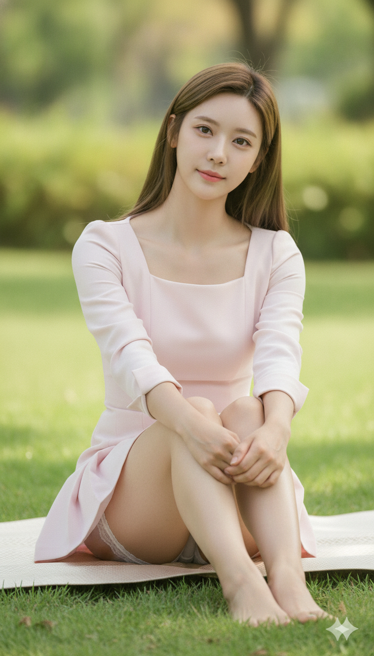 Woman in a pink dress sitting on a mat in a grassy outdoor setting