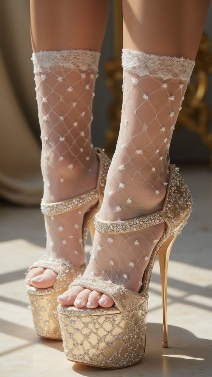 Close up of feet in gold platform high heels and white fishnet socks
