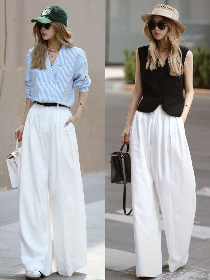 Two women in wide-leg white pants, one in a striped blouse and the other in a black vest