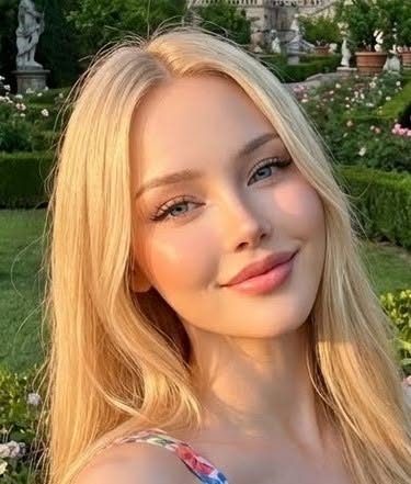 Blonde woman with blue eyes smiling in a sunlit garden