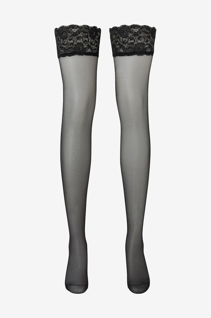 Pair of black sheer thigh-high stockings with lace trim