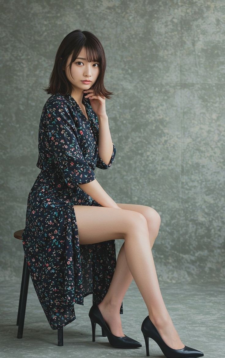 Woman in a floral dress and black heels sitting on a stool indoors