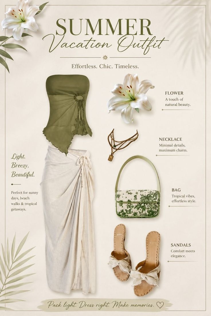 Summer vacation outfit with a green strapless top and a white sarong skirt