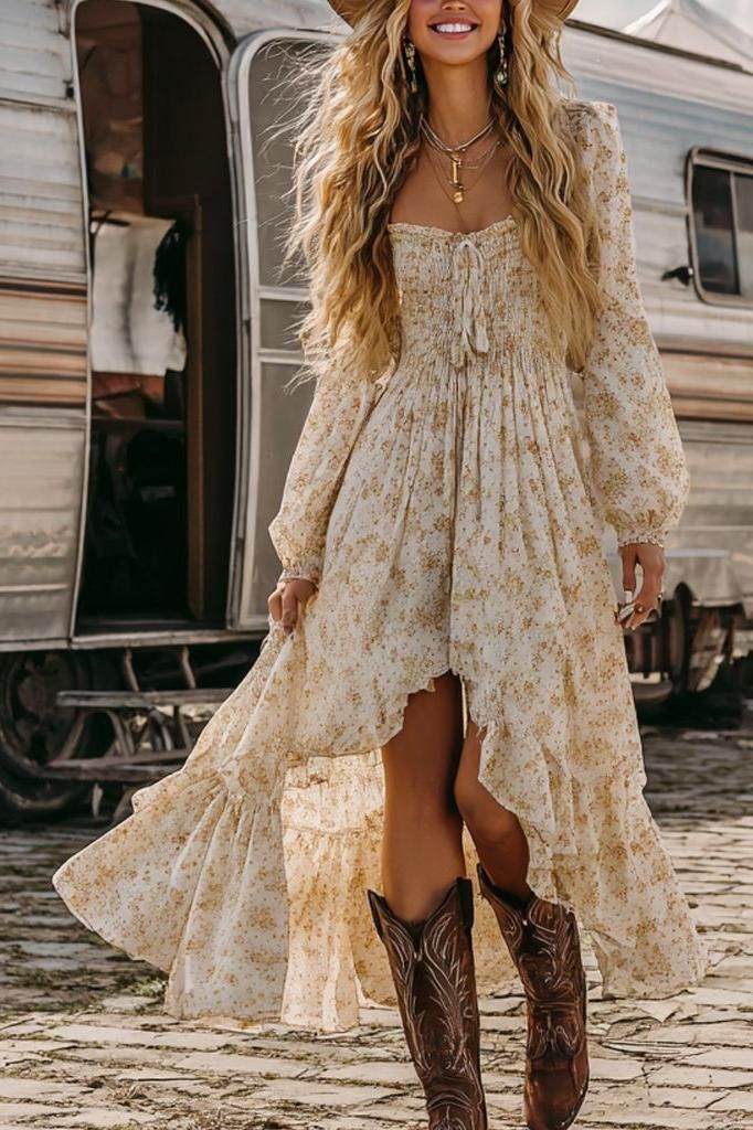 Woman in a floral dress, cowboy boots, and hat standing outdoors