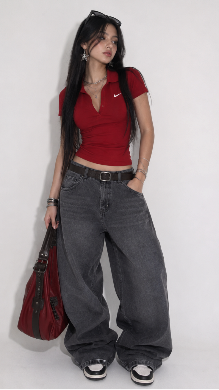 Woman with long dark hair wearing a red polo shirt and baggy jeans