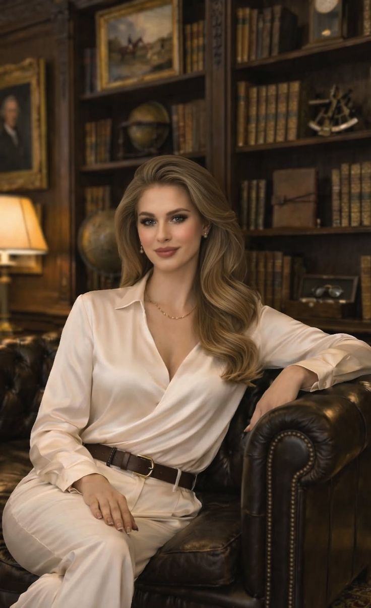 Woman with long wavy hair in a white blouse and brown belt sitting on a leather couch