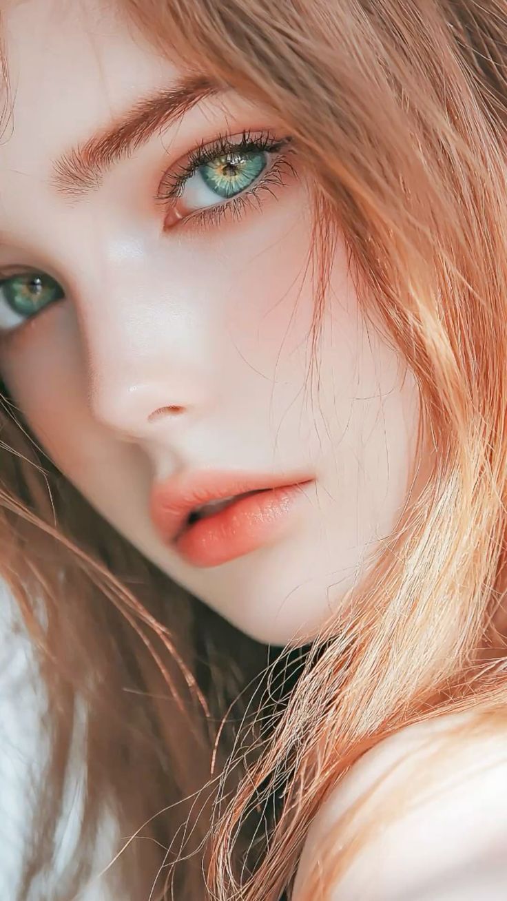 Close up portrait of a woman with green eyes and long red hair