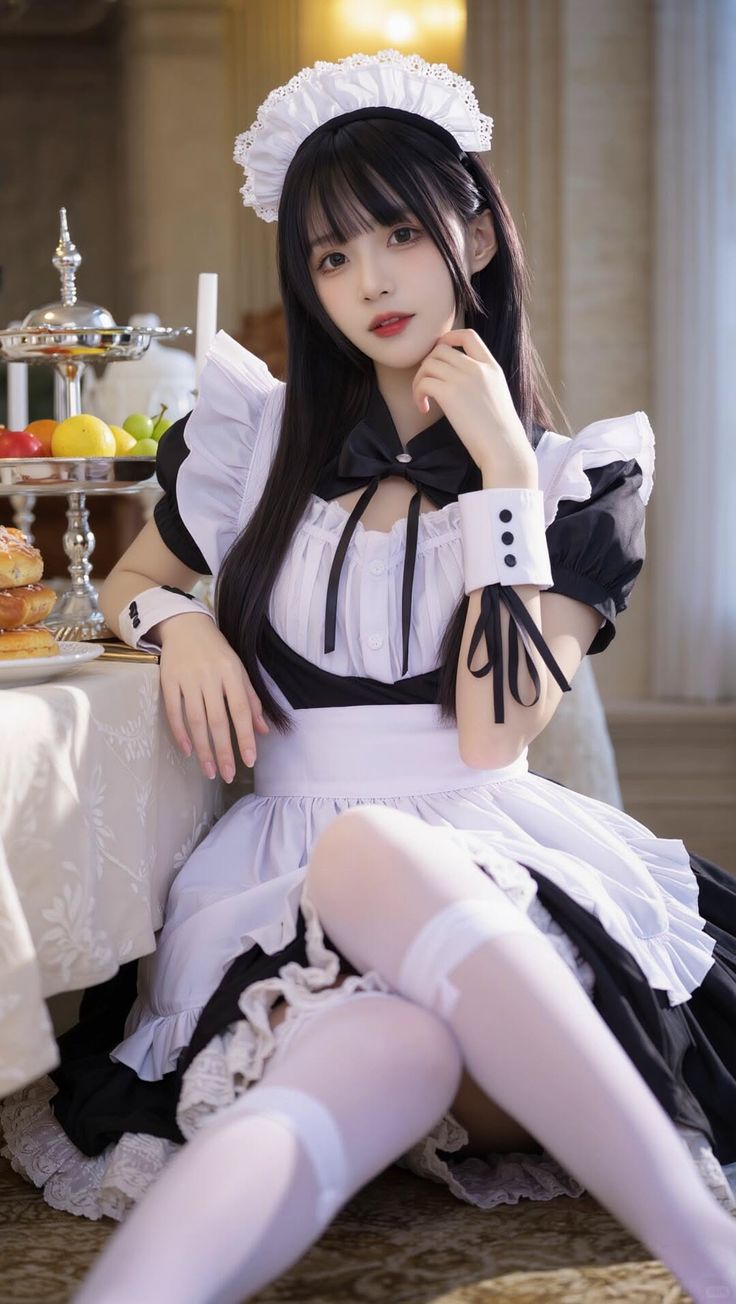 Woman in a maid outfit and white thigh highs sitting indoors