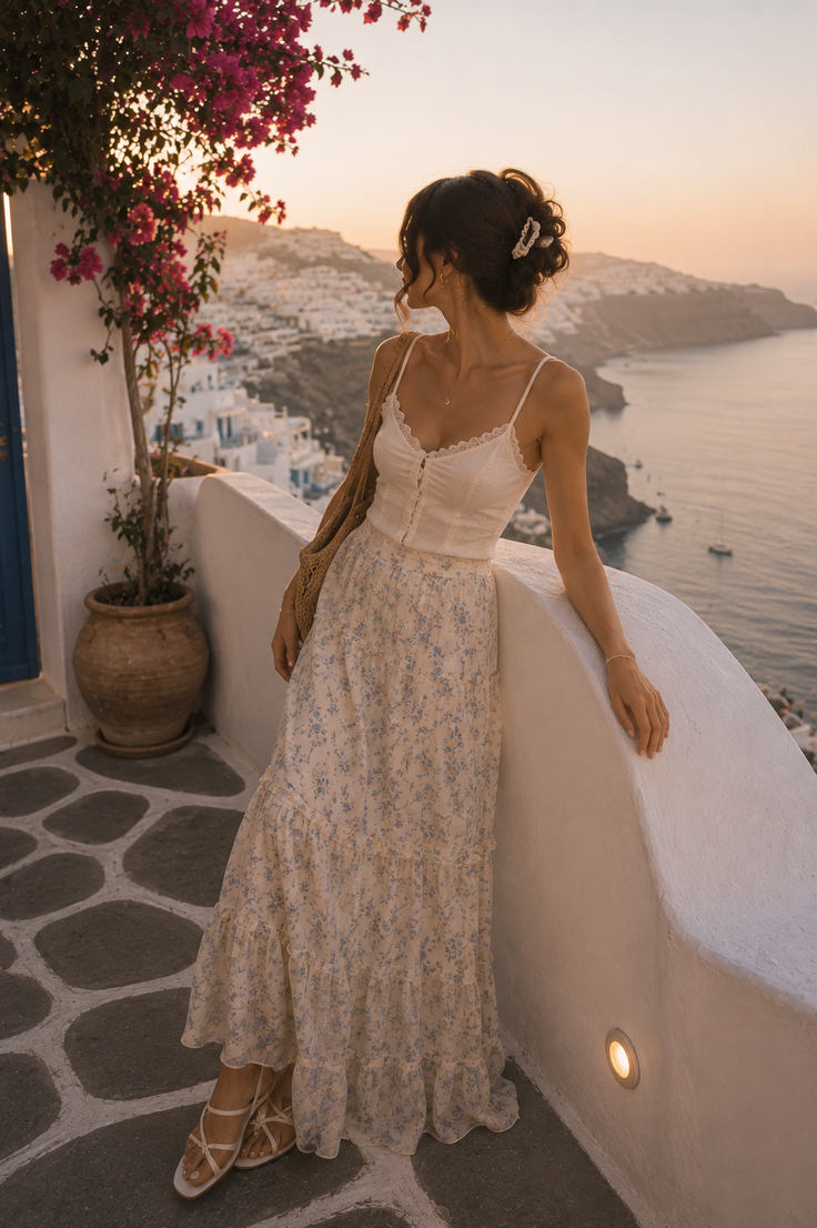 Woman in a floral skirt and white top on a balcony overlooking a cityscape at sunset
