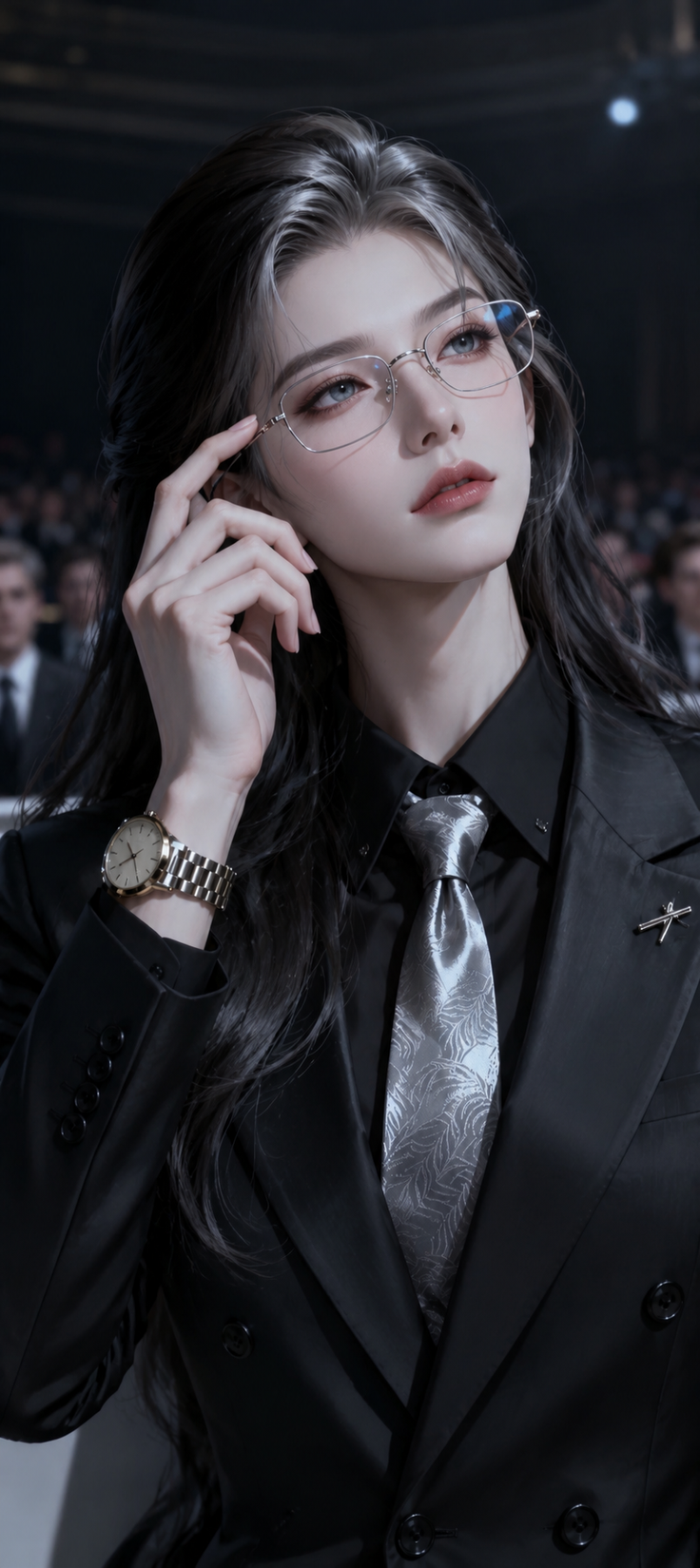 Woman in a black suit and tie, wearing glasses and a watch, looking up