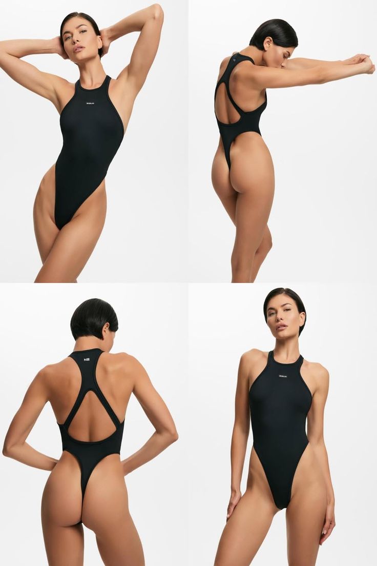 Woman in a black high-cut swimsuit posing against a white background
