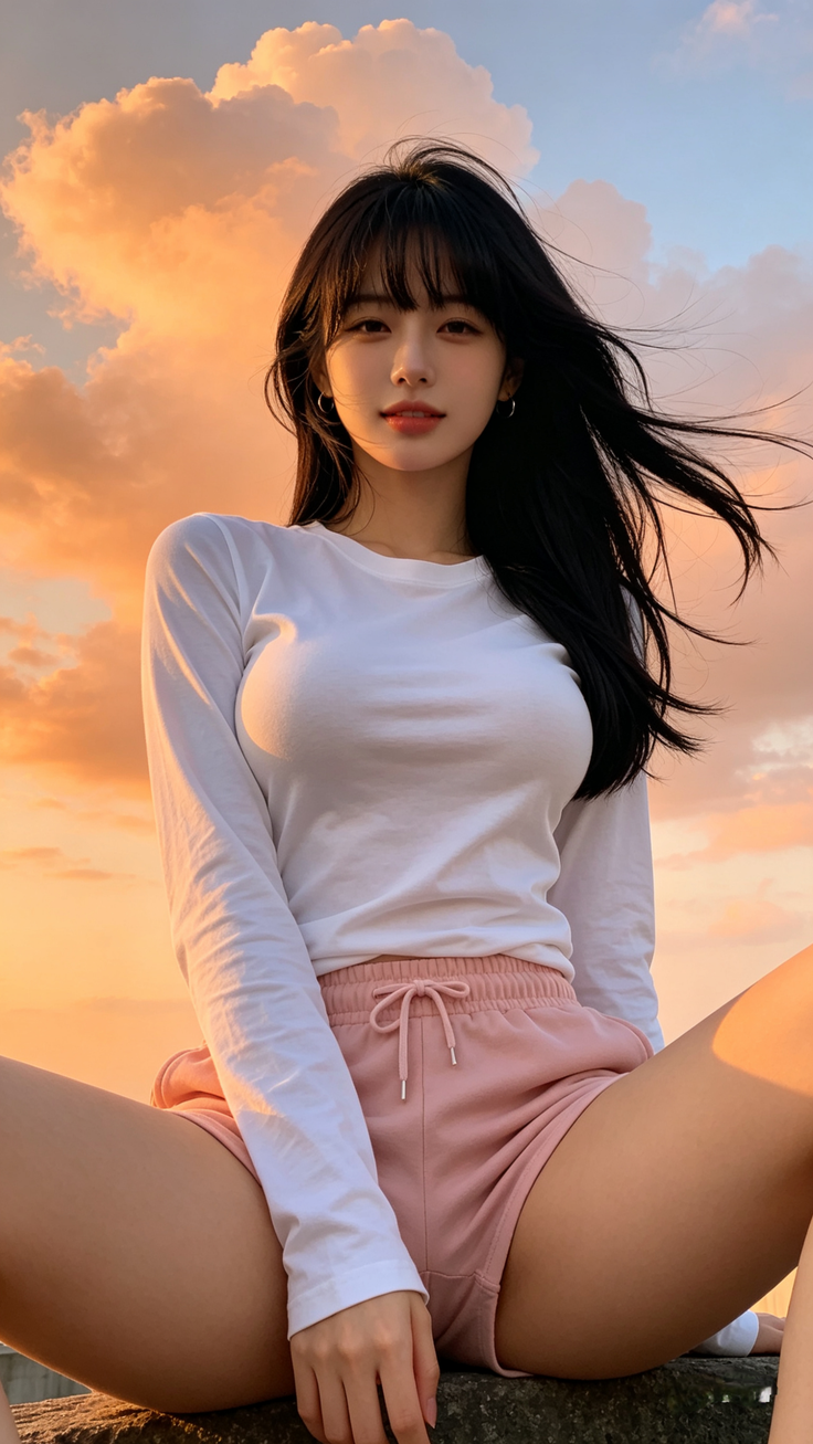 Woman with long black hair in pink shorts and white long sleeve at golden hour