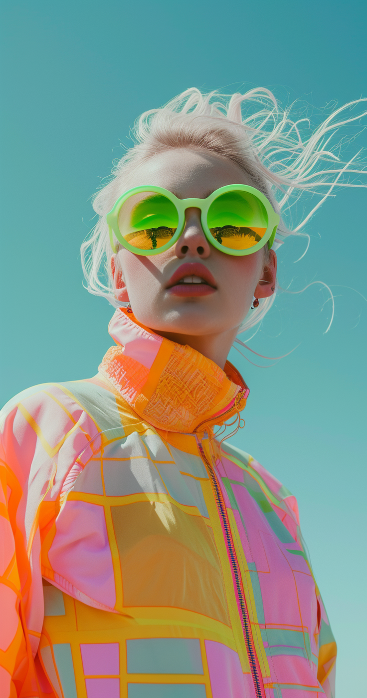 Woman with blonde hair and green sunglasses wearing a colorful jacket outdoors