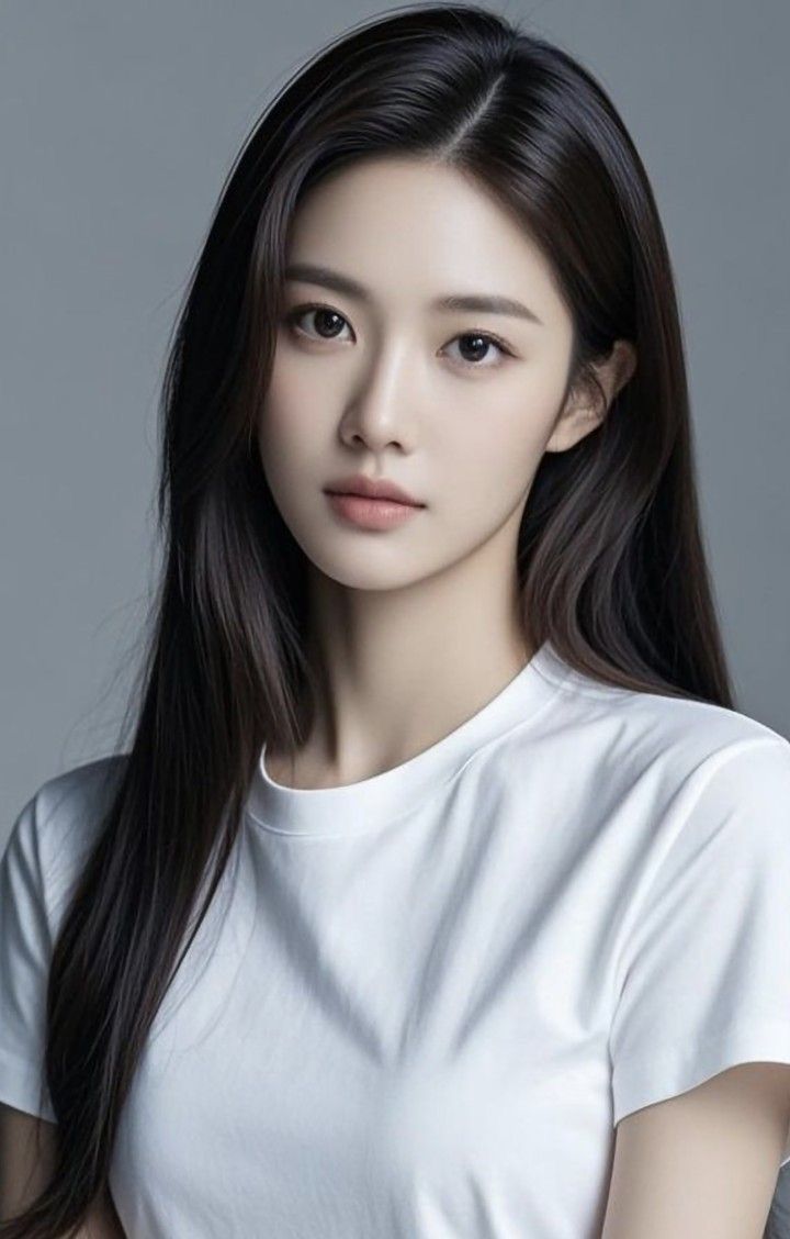 Woman with long black hair wearing a white t-shirt, portrait shot