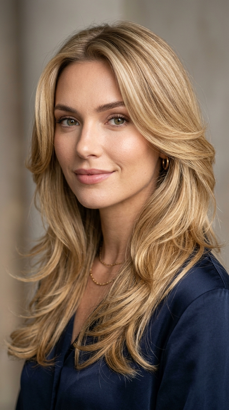 Woman with long blonde hair and gold jewelry wearing a blue top
