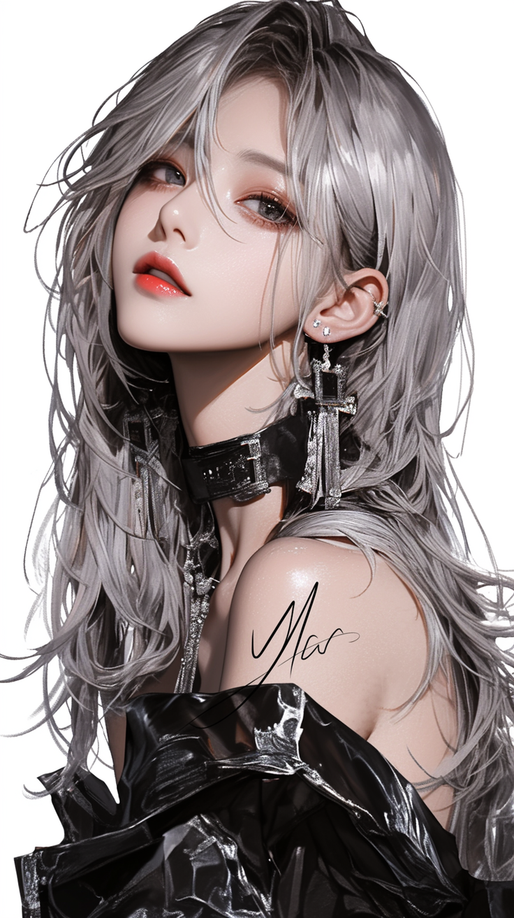Illustration of a woman with silver hair, choker, and black clothing