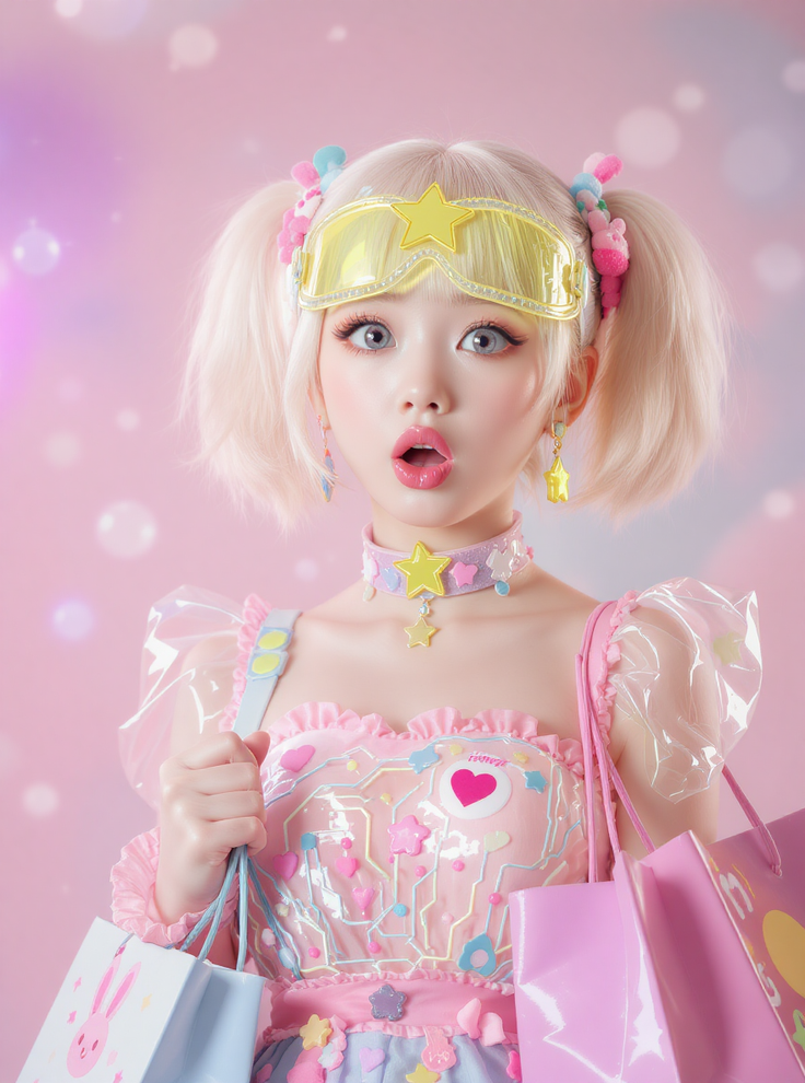 Woman with blonde twin tails and yellow goggles holding shopping bags