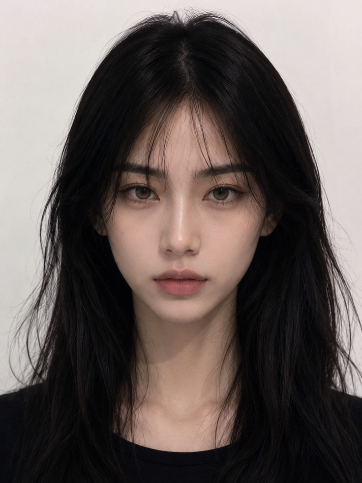 Woman with long black hair looking directly at the camera