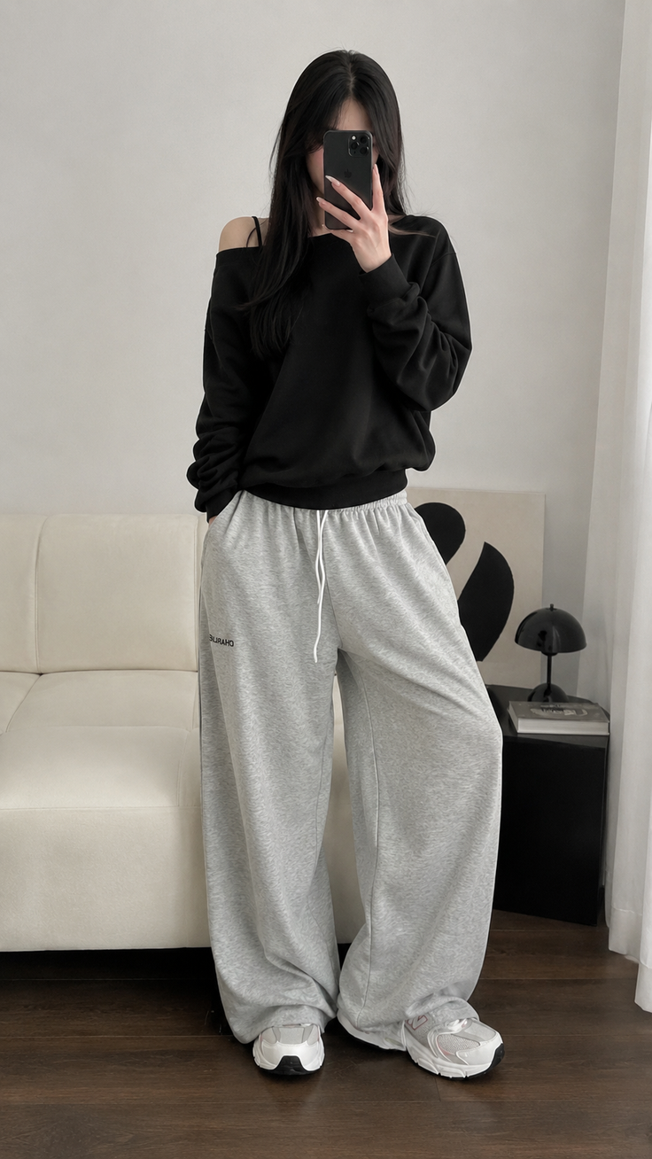 Woman in a black off-shoulder top and grey sweatpants taking a mirror selfie
