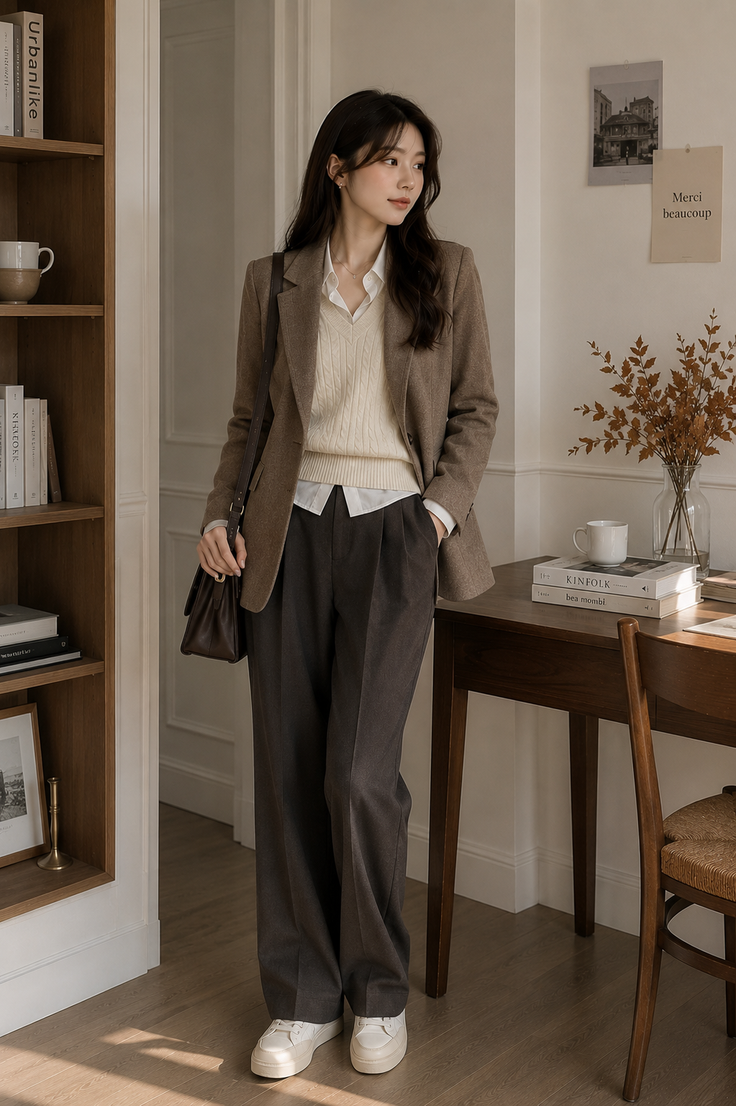 Woman in a brown blazer and wide-leg pants standing in a room with soft lighting