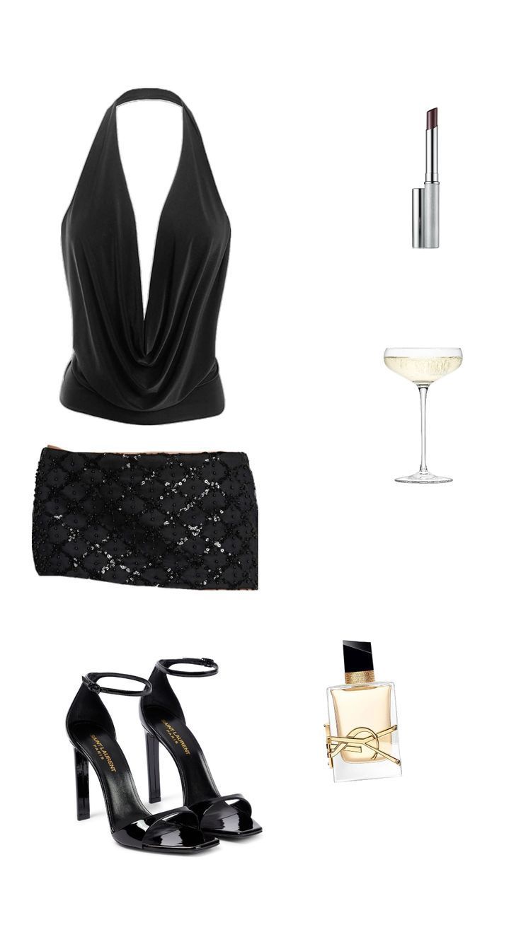 Collection of black clothing and accessories with lipstick, champagne, and perfume