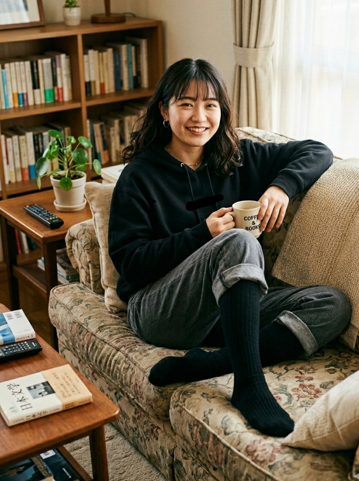 Woman in a black hoodie sitting on a floral sofa with a mug