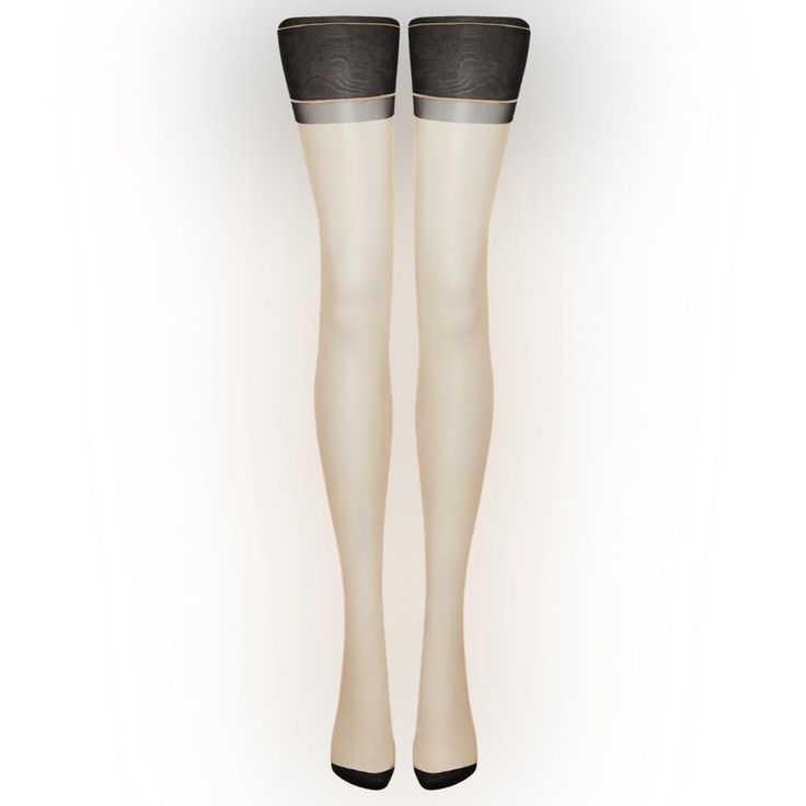 Pair of beige thigh-high stockings with black tops on a white background