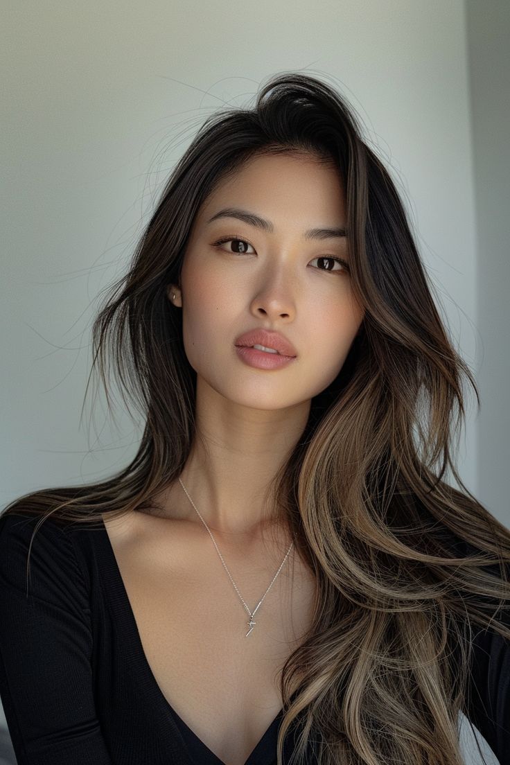 Woman with long dark hair and a silver necklace looking directly at the camera