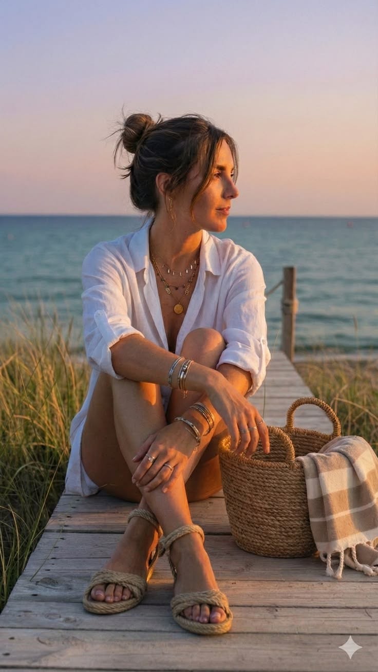 Woman in a white shirt and rope sandals sitting on a wooden pier at sunset