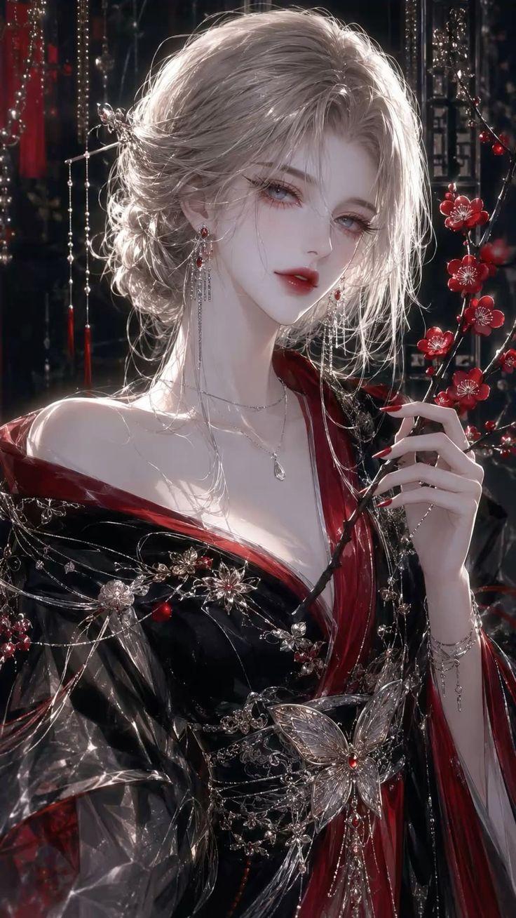 Illustration of a woman in a black and red kimono holding red flowers