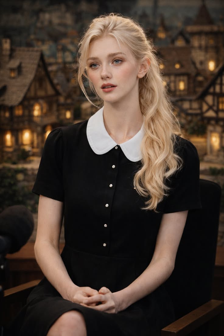 Woman with blonde hair in a black dress with a white collar, sitting indoors