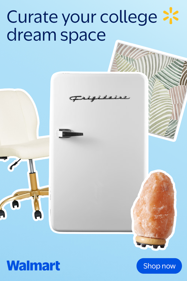A collage of dorm room essentials including a mini fridge, chair, and salt lamp