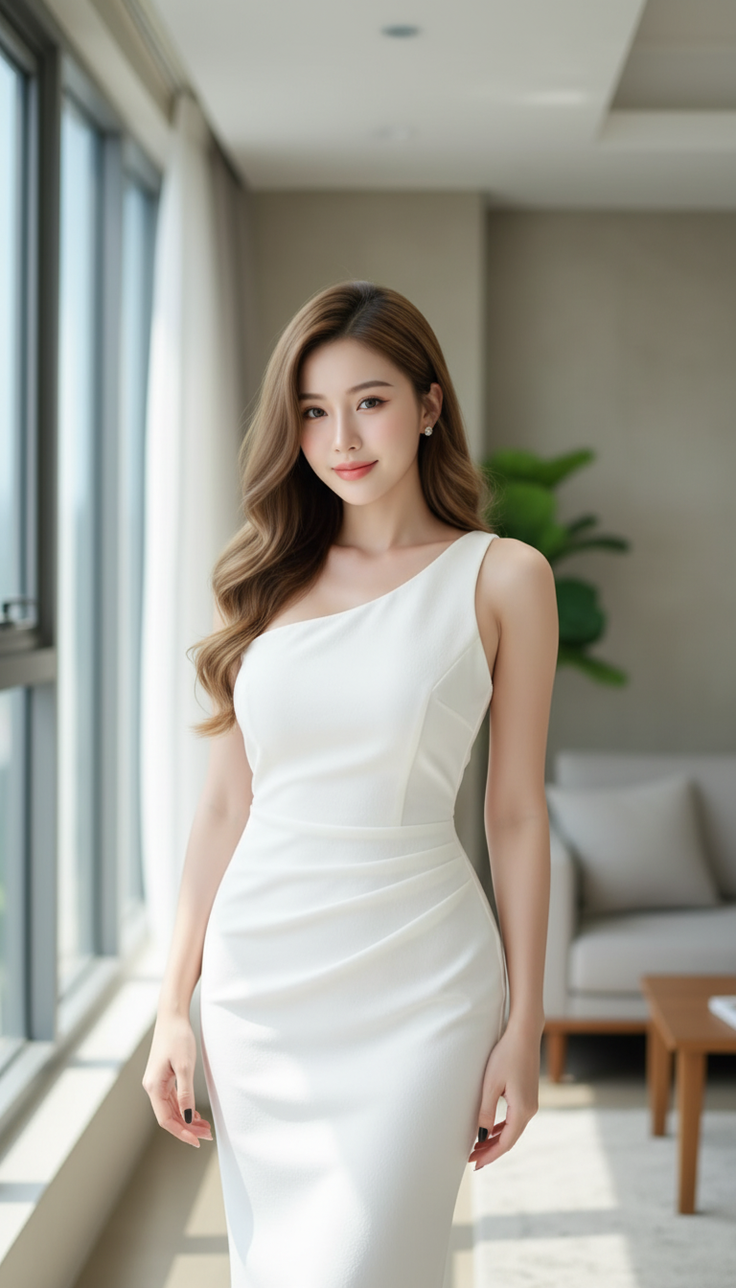 Woman in a white one-shoulder dress standing indoors with soft lighting