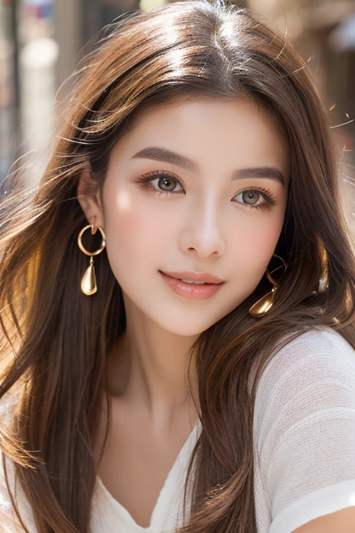 Woman with long brown hair and golden earrings in soft outdoor lighting