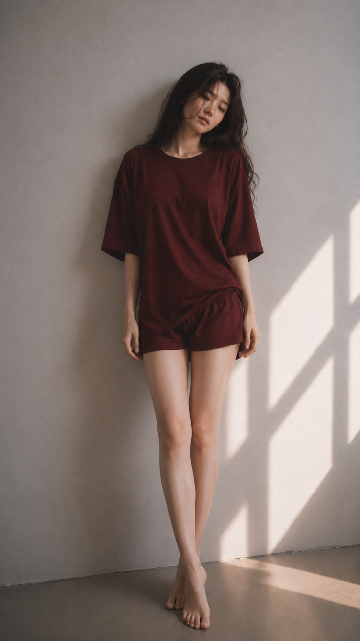 Woman in pajamas leaning against a wall with window shadows