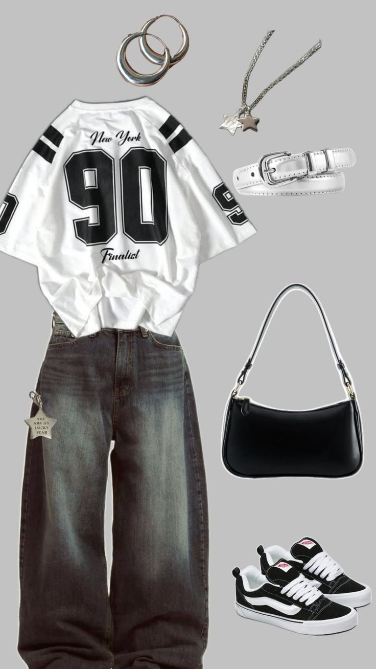 A casual outfit featuring a white jersey, baggy jeans, and black sneakers
