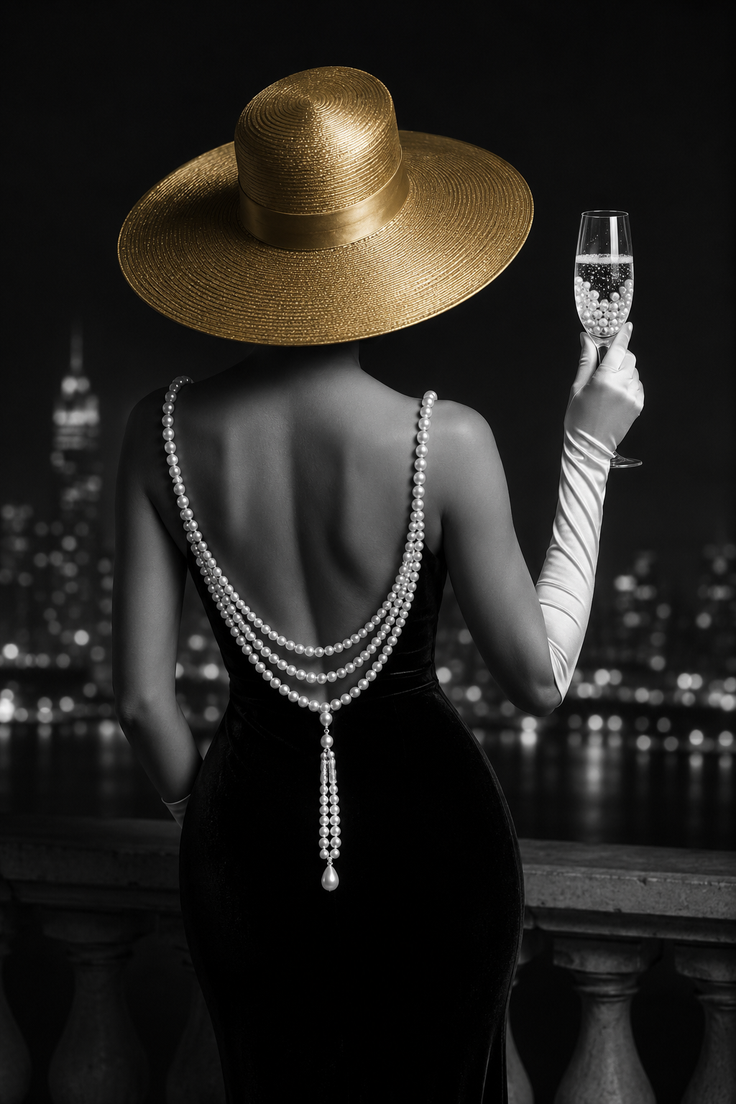 Woman in a gold hat and black dress with pearls looking at a city at night
