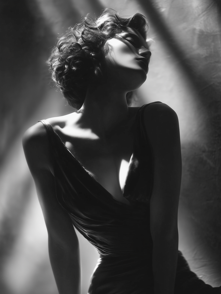 Woman in a dress with dramatic lighting and high contrast in black and white