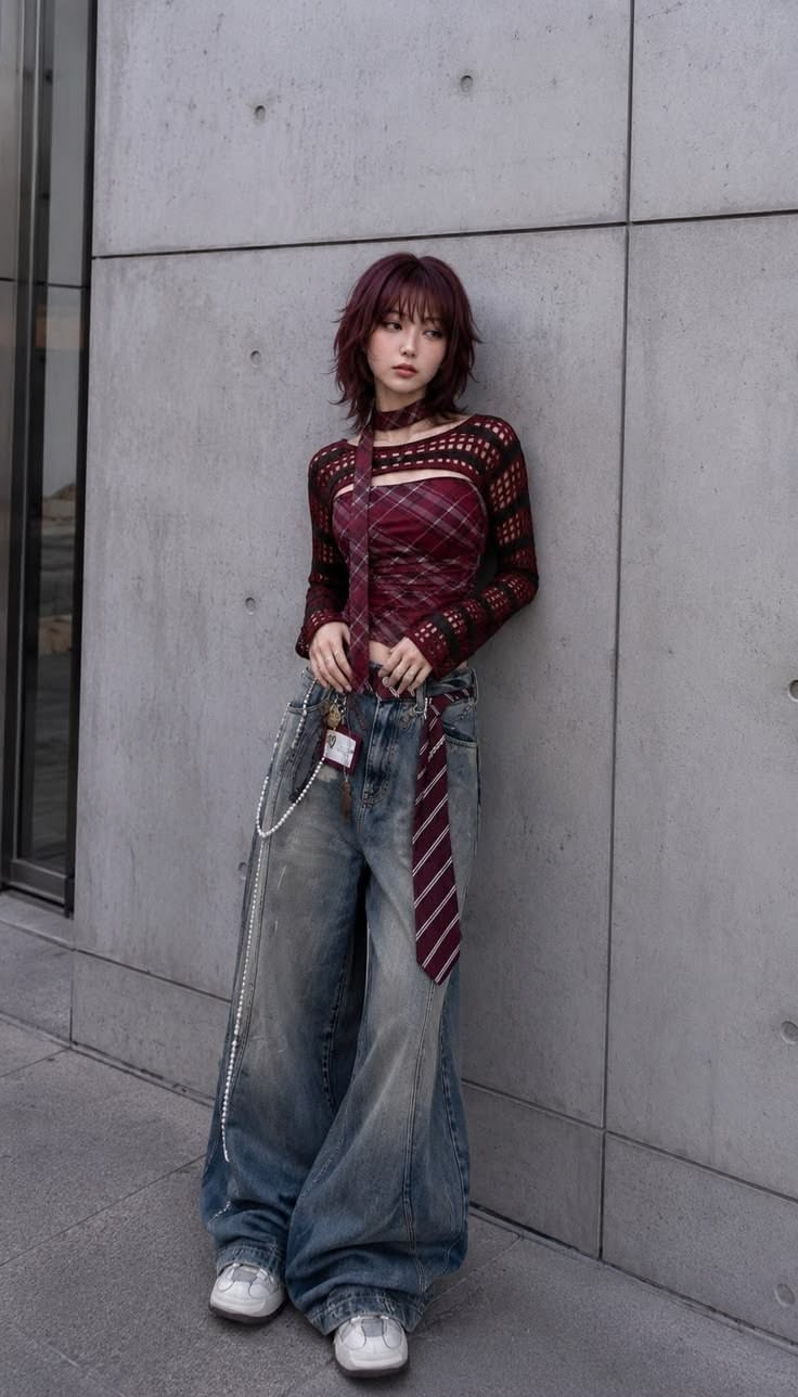 Woman with shaggy hair wearing a plaid top and baggy jeans against a concrete wall