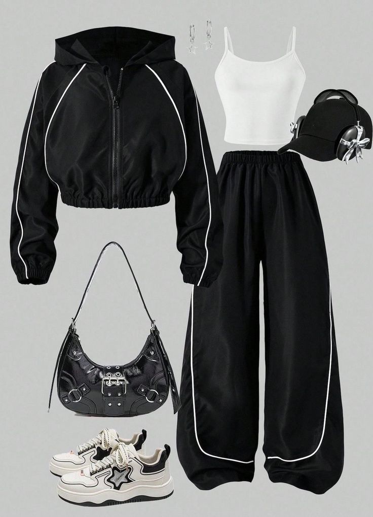 A casual black and white outfit with a track jacket, wide leg pants, and sneakers