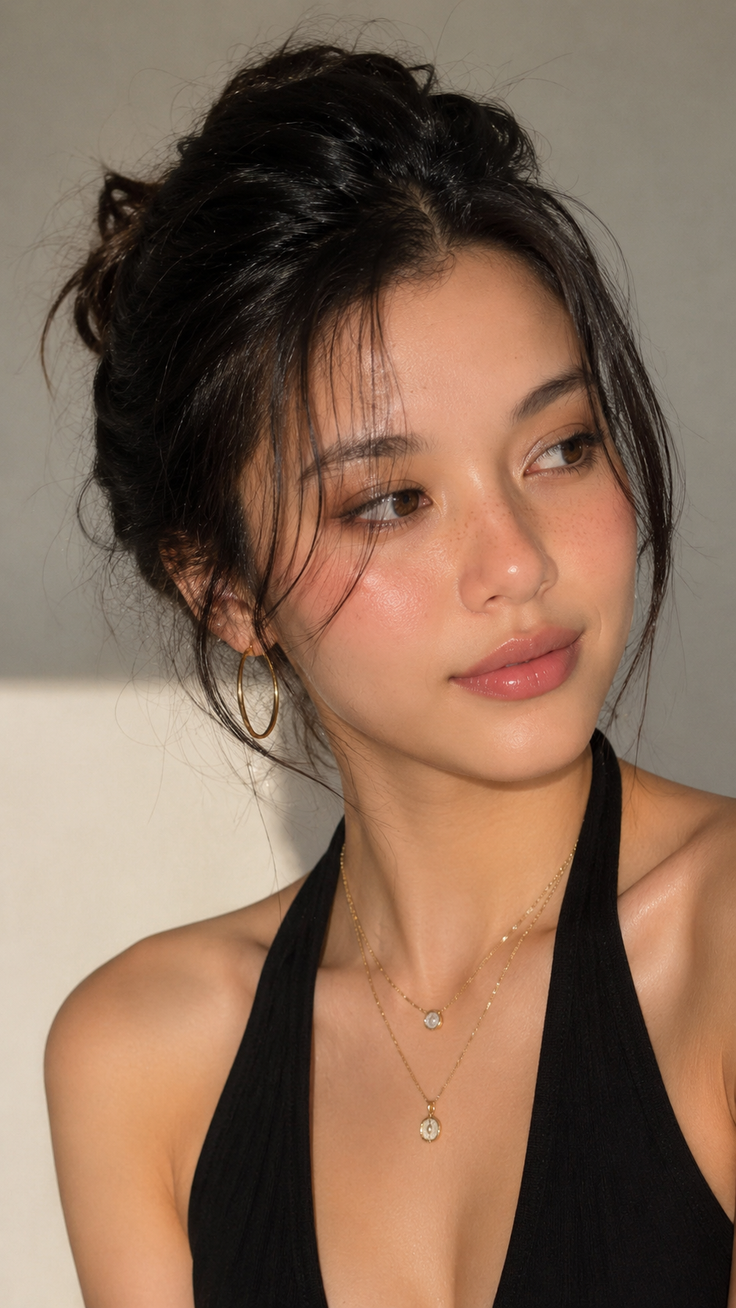 Woman with an updo and gold jewelry in soft lighting