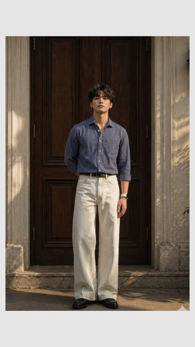Man in a striped shirt and wide leg pants standing outdoors