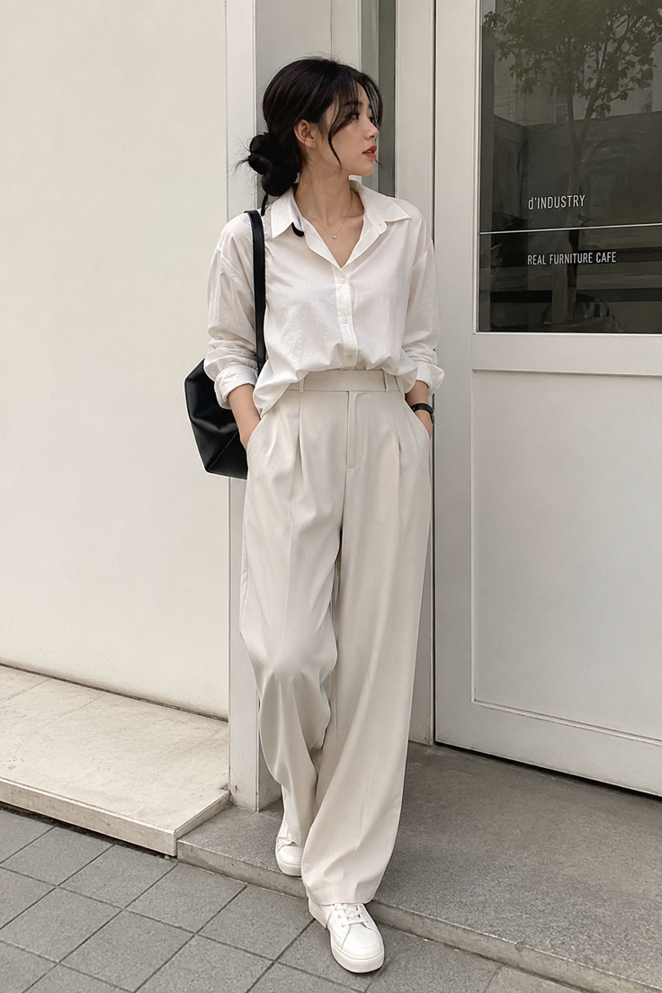 Woman in a white shirt and wide leg pants standing outdoors