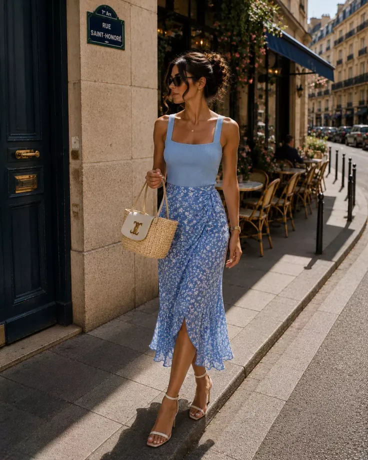 Woman in a blue floral skirt and tank top walking on a city street